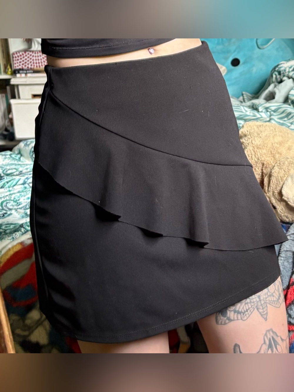 Simons Black Asymmetric Ruffle Mini Skirt